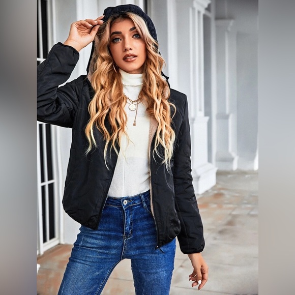 EMERY ROSE Tan Color Teddy Lined Black Hooded Water proof Hooded Jacket 🧥🧸 - Picture 5 of 6